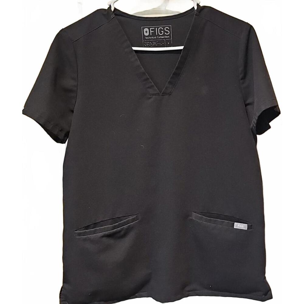 FIGS Casma Scrub Top Womens S Black Stretch V Neck FW1100 Two Pocket EUC
